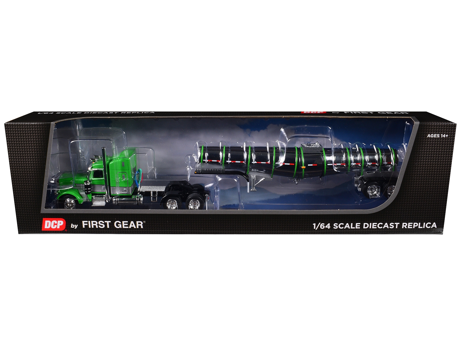 60-1934.jpg Peterbilt 389 36" Flat Top Sleeper with Utility Dual 28.5' Flatbed Trailers with Hay Loads Pacific Blue Metallic with White Stripes 1/64 Diecast Model by DCP/First Gear