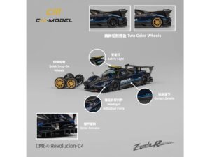 Pagani Zonda Revolucion "Official Car" Dark Blue and Carbon with Extra Wheels 1/64 Diecast Model Car by CM Model