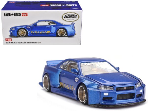Nissan Skyline GT-R (R34) "SHINJUKU V2 Aero" RHD (Right Hand Drive) Blue Metallic (Designed by Jun Imai) "Kaido House" Special 1/64 Diecast Model Car by Mini GT