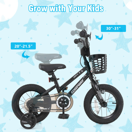 14 Inch Kids Bike with Basket and Training Wheels for Children Aged 4-5 Years Old - Color: Black - Size: 14 inches